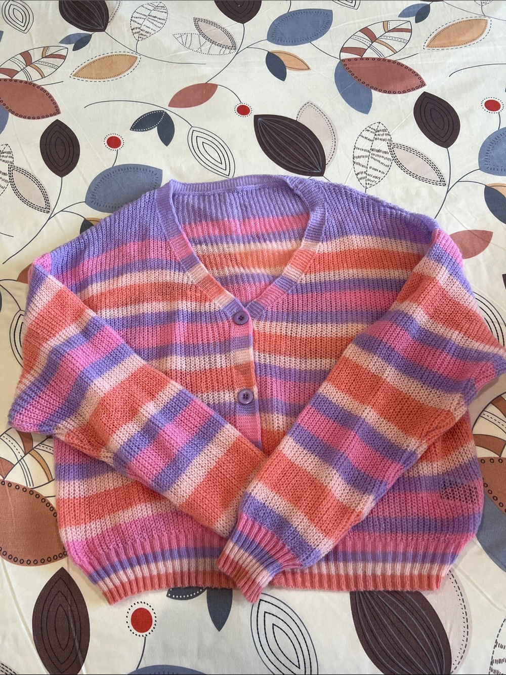 Striped V-Neck Cardigan Sweater in Purple & Pink
